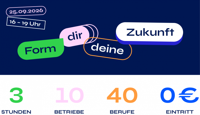 Stolberger Nacht der Ausbildung – Key Visual mit dem Slogan „Form dir deine Zukunft" in bunten Pill-Badges. Darunter auf weißem Hintergrund: 3 Stunden, 10 Betriebe, 40 Berufe, 0 € Eintritt.